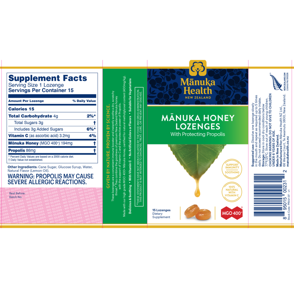 Manuka Honey Lozenges with Propolis, Natural Honey Flavor, 15 Lozenges