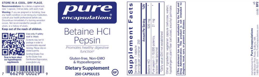Betaine HCI Pepsin, 250 Capsules , Brand_Pure Encapsulations caps Emersons Form_Capsules Requires Consultation Size_250 Capsules