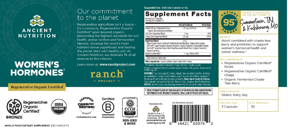 Ancient Nutrition Regenerative Organic Certified Women's Hormones - back
