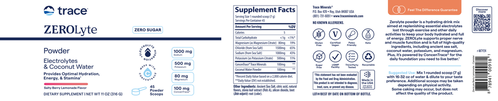 ZEROLyte Electrolytes & Coconut Water Powder, Salty Berry Lemonade, 316 g Powder