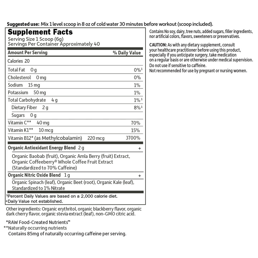 SPORT Organic Plant-Based Energy + Focus Sugar Free Blackberry Cherry, 8.1oz (231g) Powder