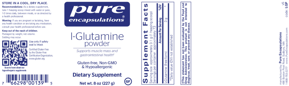 L-Glutamine Powder, 8 Oz (227 g) Powder , Brand_Pure Encapsulations Emersons powder