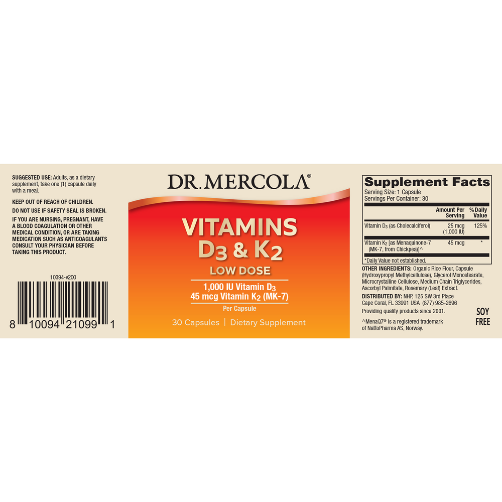 Vitamins D3 and K2, 30 Capsules