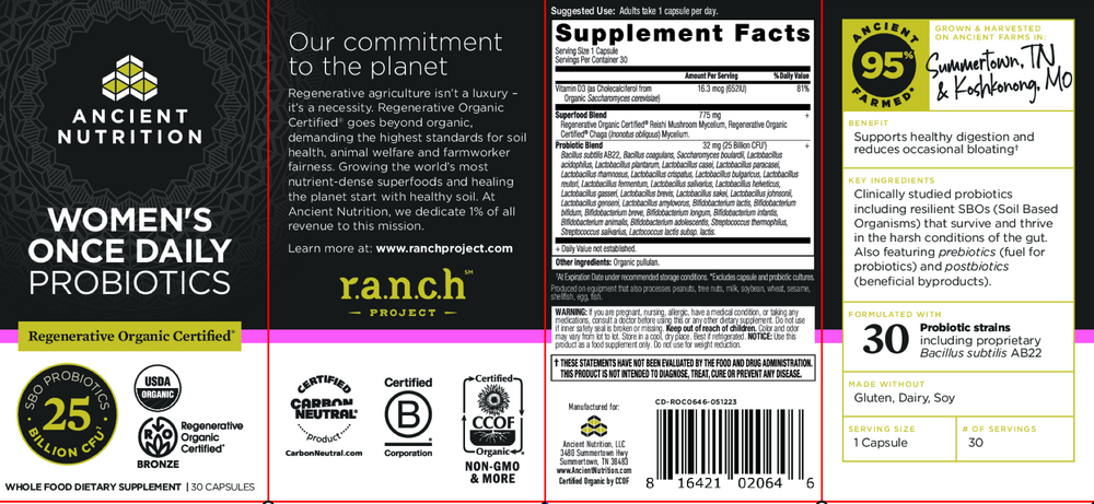 Ancient Nutrition Regenerative Organic Certified Women's Once Daily Probiotics 25B - back