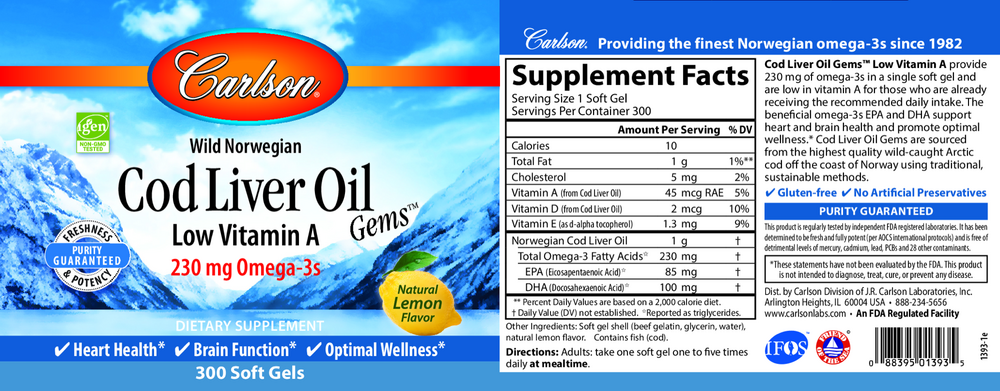 Cod Liver Oil Low Vitamin, 300 Softgels