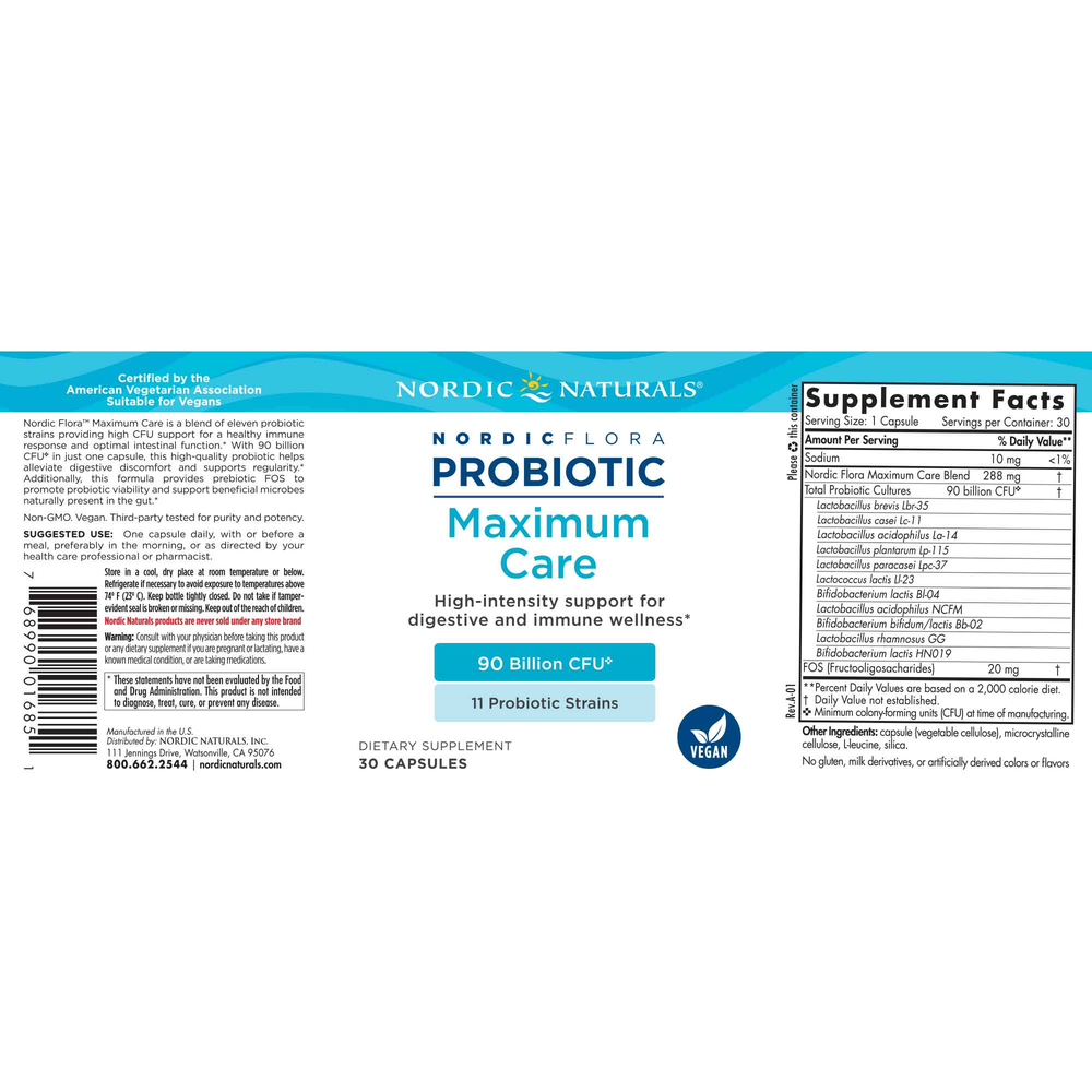 Nordic Flora Probiotic Maximum Care - back of bottle