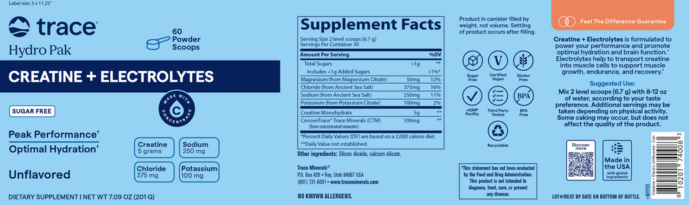 Hydro Pak Creatine + Electrolytes, Unflavored, 201 g Powder