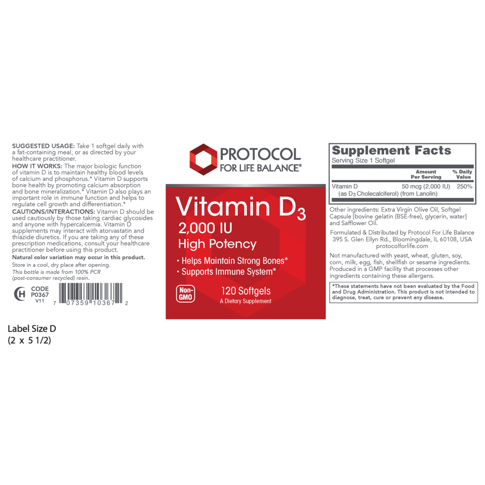 Vitamin D3 2,000IU, 120 Softgel Capsules , Brand_Protocol for Life Balance Form_Softgels Requires Consultation Size_120 Softgel Capsules softgels