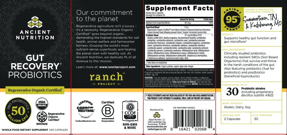 Ancient Nutrition Regenerative Organic Certified Gut Recovery Probiotics 50B - back