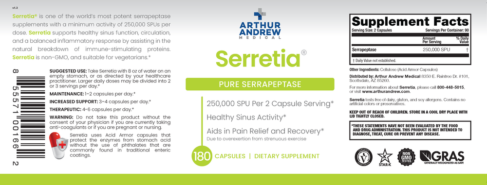 Arthur Andrew Medical Serretia - Pure Serrapeptase 250,000 SPU - back