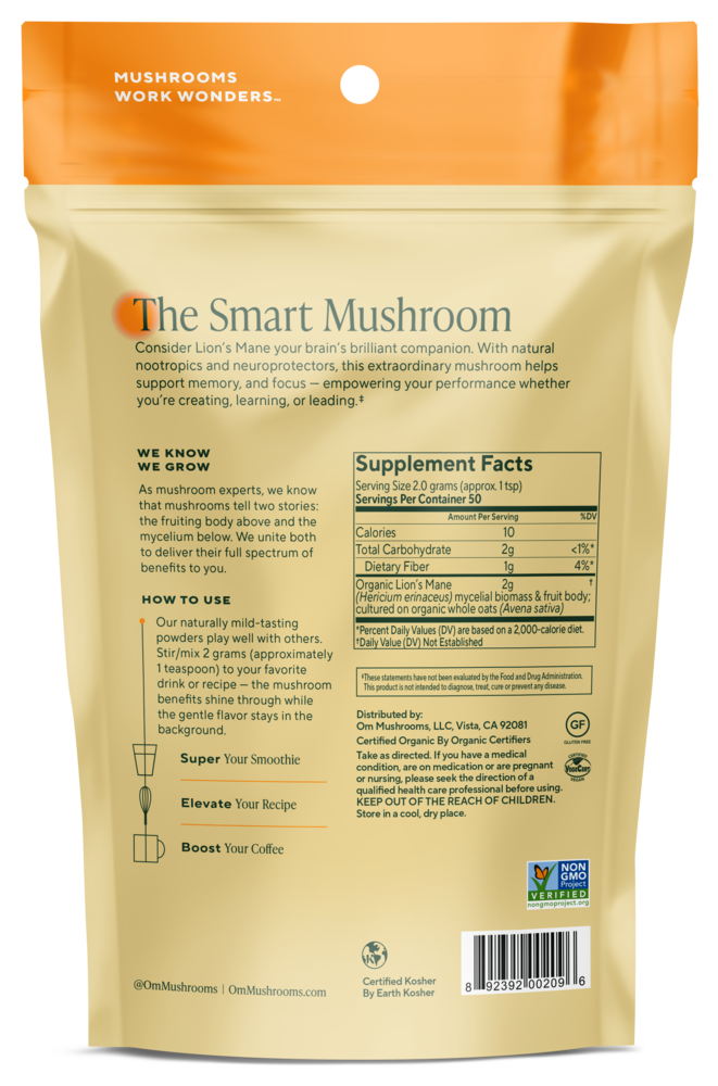 Lion's Mane Mushroom Powder, 3.57 Oz (100 g) Powder , Brand_OM Organic Mushroom Nutrition Form_Powder Size_3.57 Oz