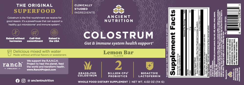 Ancient Nutrition Colostrum Powder Gut and Immune System Health, Lemon Bar - back