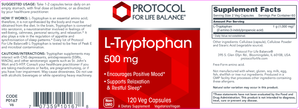 L-Tryptophan 500mg, 120 Capsules , Brand_Protocol for Life Balance capsules Form_Capsules Requires Consultation Size_120 Capsules