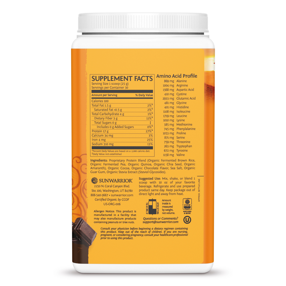 Organic Plant-Based Classic Plus Protein, 17 g of Protein per Serving from 5 Sprouted & Fermented Protein Sources, Chocolate Flavor, 1.65 Lb (750 g) Powder , Brand_Sunwarrior Flavor_Chocolate Form_Powder Potency_17 g Size_750 g