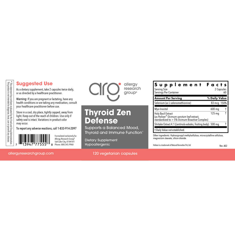 Allergy Research Group Thyroid Zen Defense - back of bottle