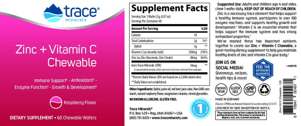 Zinc + Vitamin C Chewable - Raspberry, 60 Wafers
