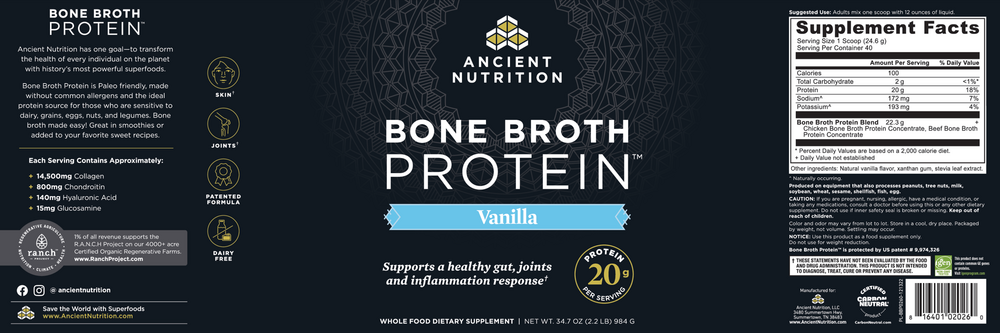 Ancient Nutrition Bone Broth Protein Vanilla 40srv - back