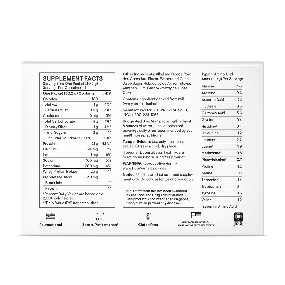 Whey Protein Isolate Chocolate Flavored, 14 Packets , Brand_Thorne Research Form_Packets Size_14 Packets