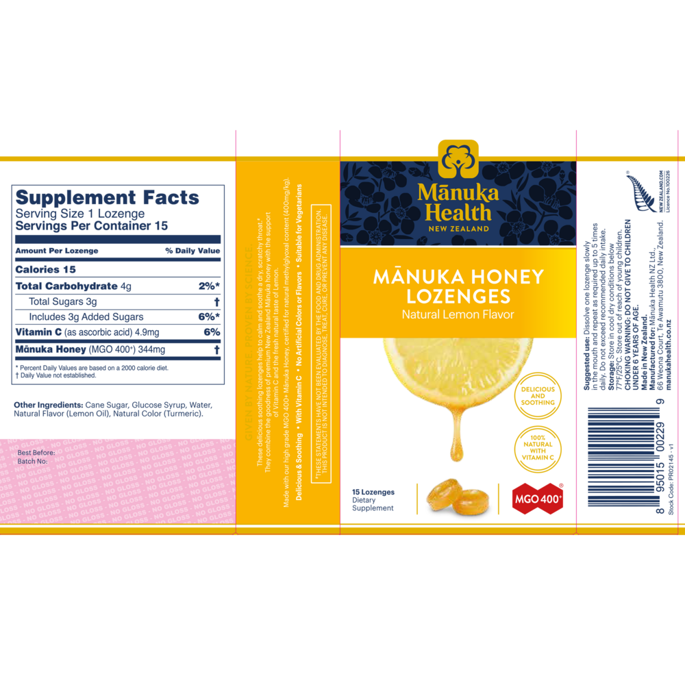 Manuka Honey Lozenges, MGO 400+, Lemon Flavor, 15 Lozenges