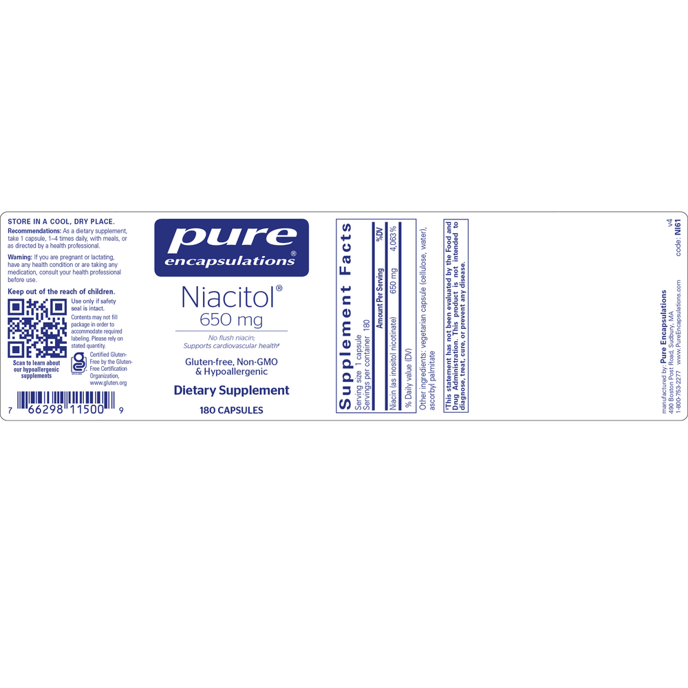 Niacitol® no-flush niacin, 650 mg, 180 Capsules , Brand_Pure Encapsulations caps Emersons