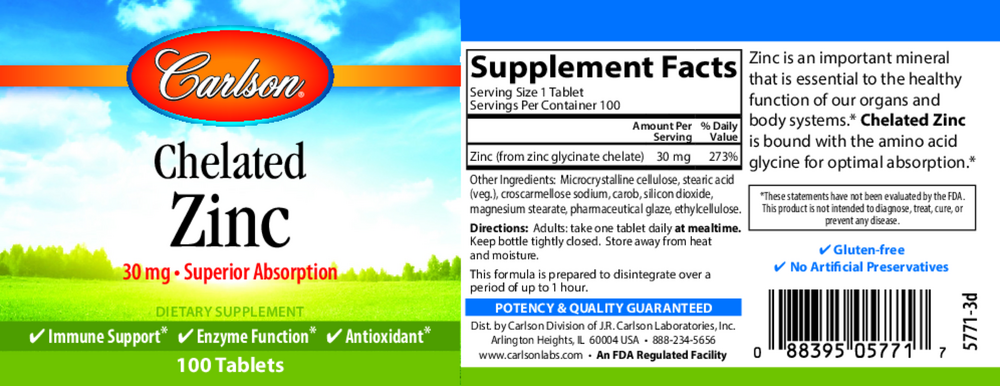 Chelated Zinc, 100 Tablets