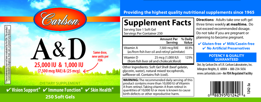 A & D 25000IU & 1000IU, 250 Softgels