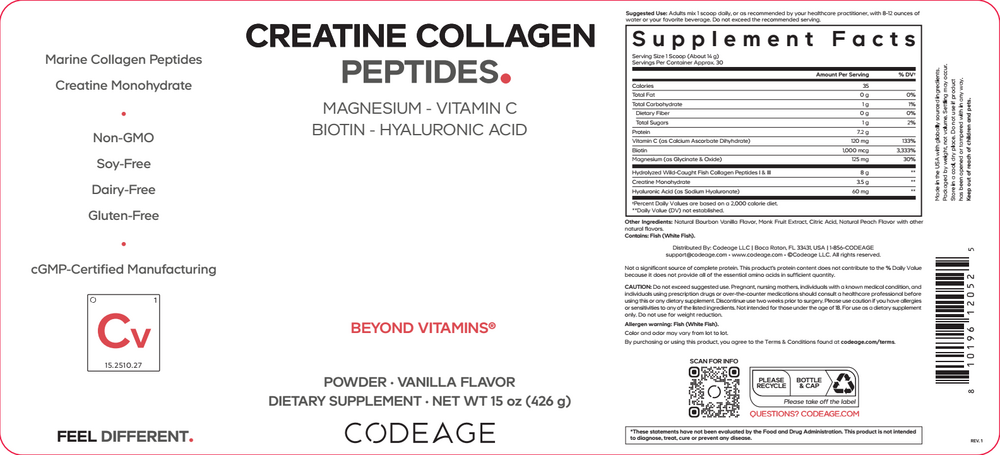 Creatine Collagen Peptides Powder, Vanilla, 426 g Powder
