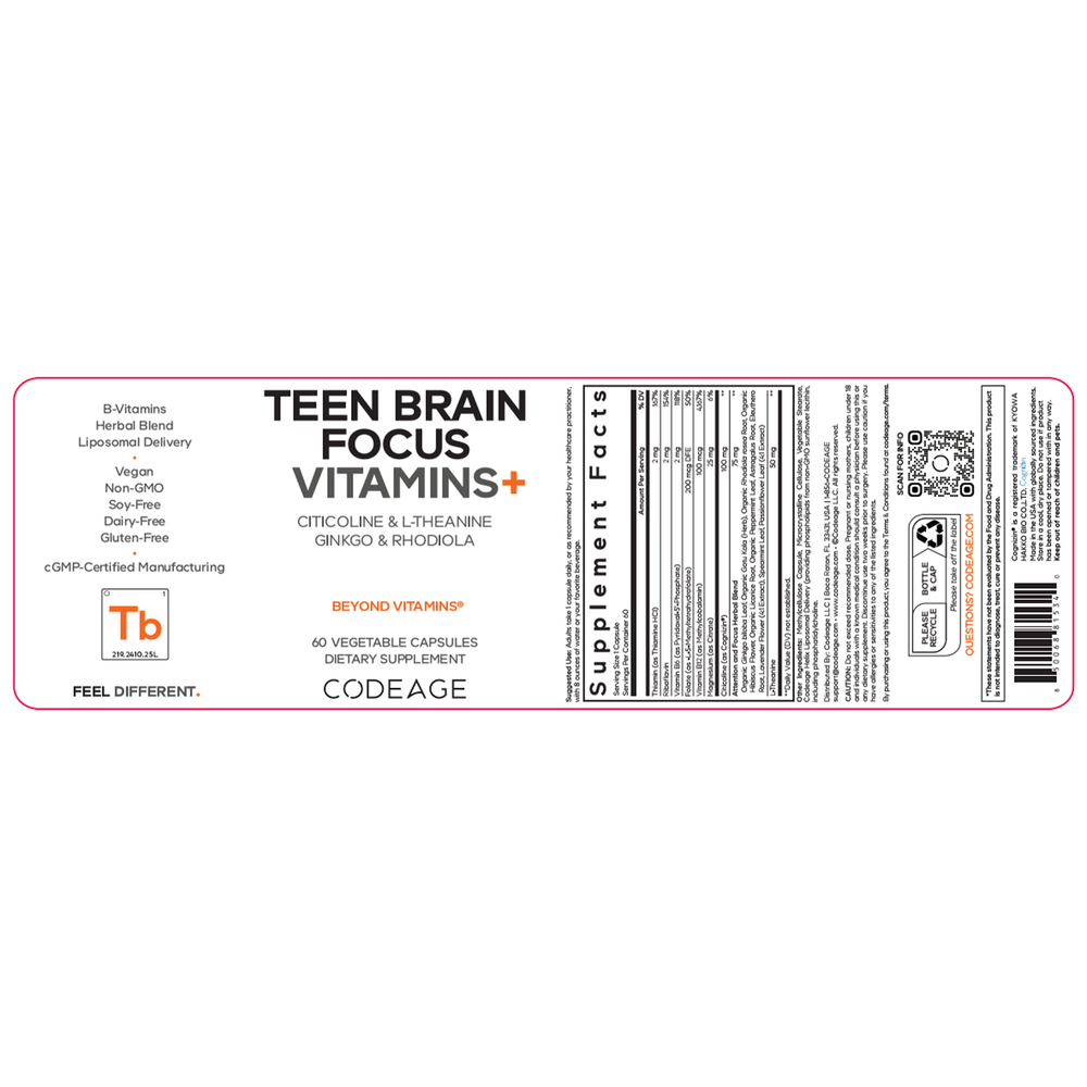 Teen Brain Focus Vitamins+, 60 Capsules