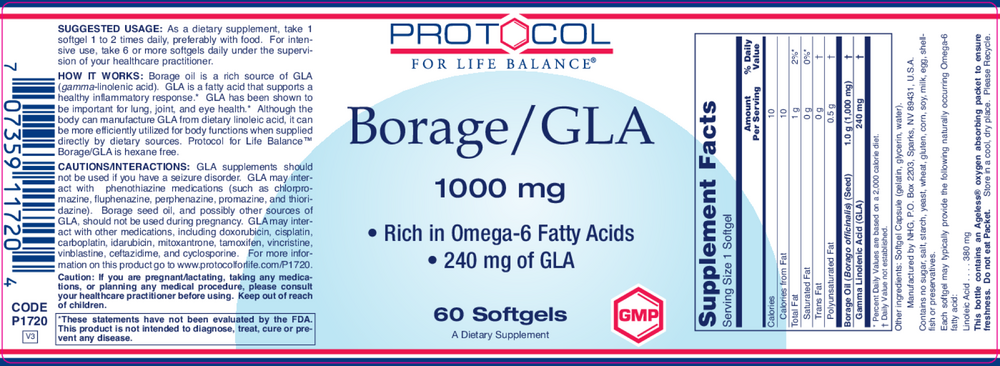 Borage / GLA 1000mg, 60 Softgel Capsules , Brand_Protocol for Life Balance Form_Softgels Requires Consultation Size_60 Softgel Capsules softgels