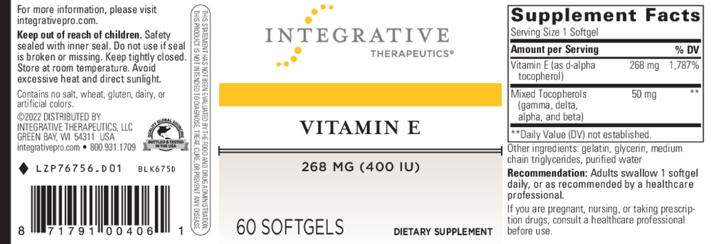 Vitamin E 400, IU, 60 Softgels