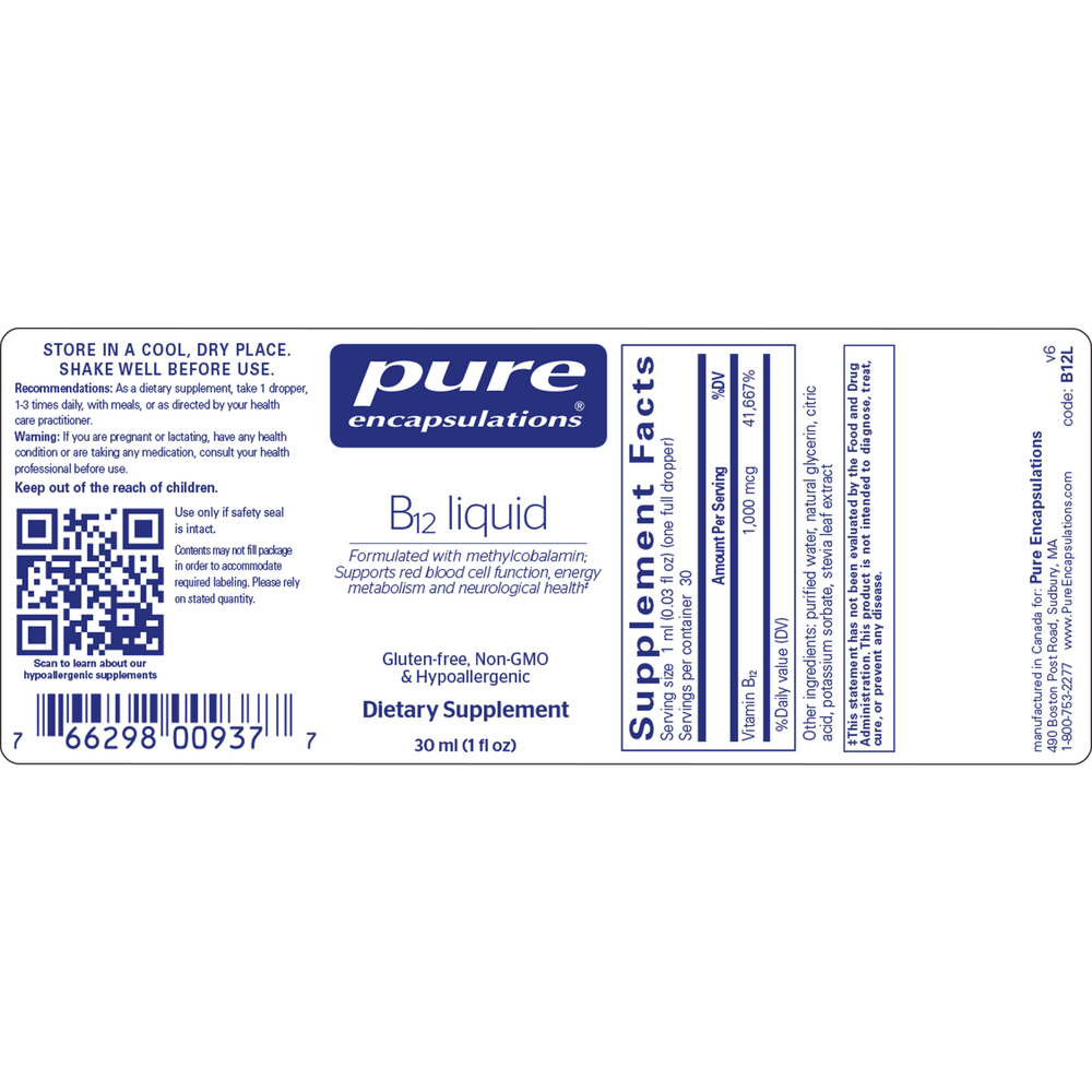B12 Liquid, 30 Milliliters , Brand_Pure Encapsulations Form_Liquid Requires Consultation Size_30 Milliliters