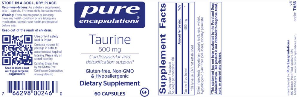 Taurine 500mg, 60 Capsules , Brand_Pure Encapsulations Form_Capsules Requires Consultation Size_60 Capsules