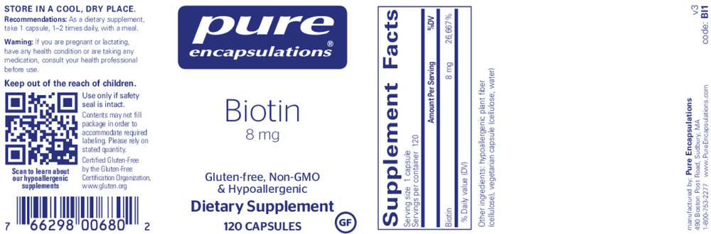 Biotin, 8 mg, 120 Capsules , Brand_Pure Encapsulations caps Form_Capsules Not Emersons Potency_8 mg Size_120 Caps