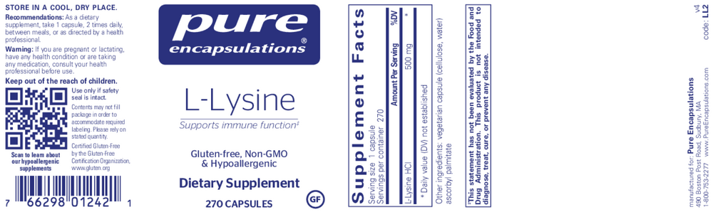 l-Lysine, 270 Capsules , Brand_Pure Encapsulations caps Emersons Form_Capsules Requires Consultation Size_270 Capsules