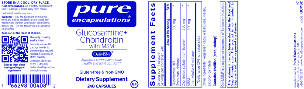 Glucosamine Chondroitin with MSM, 240 Capsules , Brand_Pure Encapsulations caps Emersons Form_Capsules Requires Consultation Size_240 Capsules