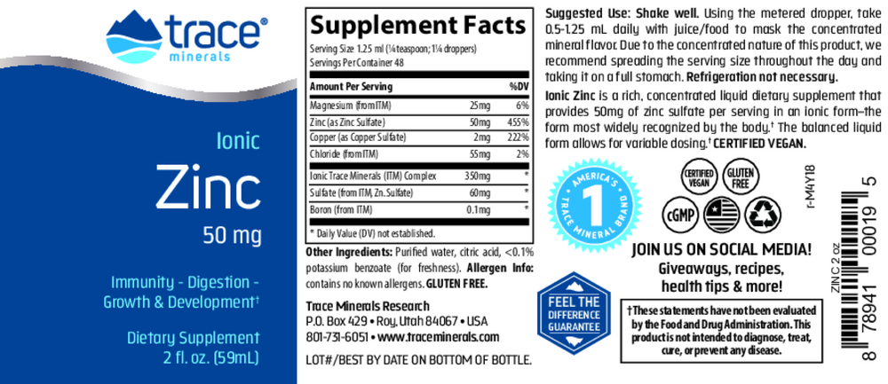 Liquid Ionic Zinc 50mg, 59 mL Liquid