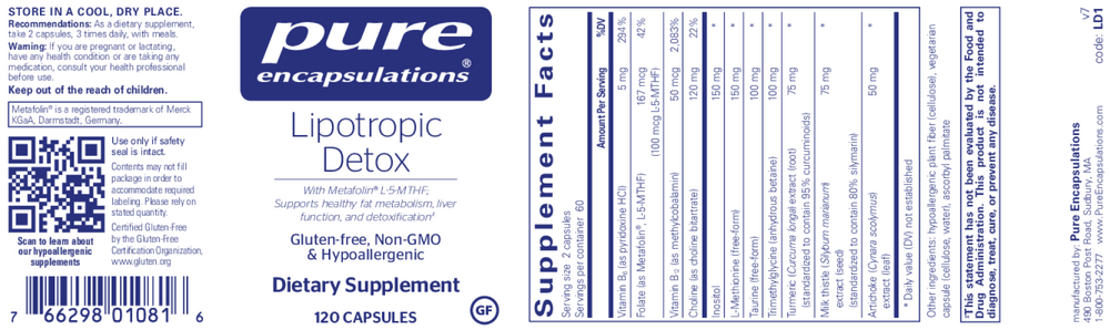 Lipotropic Detox with Metafolin® L-5-MTHF, 120 Capsules , Brand_Pure Encapsulations caps Emersons