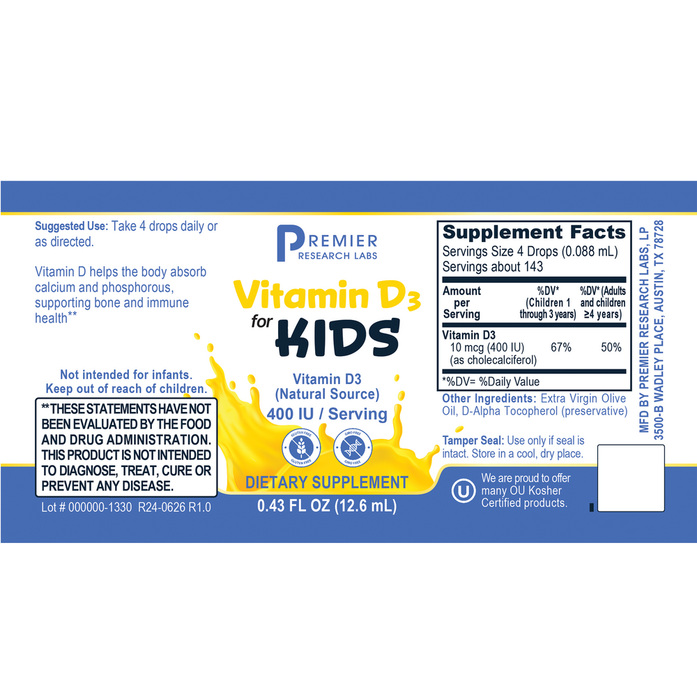 Premier Vitamin D3 for Kids, 12.6 Milliliters , Brand_Premier Research Labs Form_Liquid liquid Requires Consultation Size_12.6 Milliliters