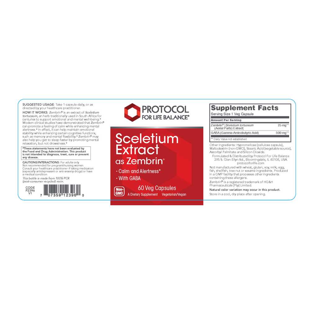 Sceletium Extract as Zembrin® 25 mg, 60 Capsules , Brand_Protocol for Life Balance capsules Form_Capsules Requires Consultation Size_60 Capsules