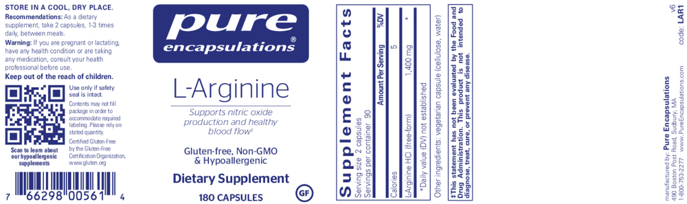 l-Arginine, 180 Capsules , Brand_Pure Encapsulations caps Emersons Form_Capsules Requires Consultation Size_180 Capsules