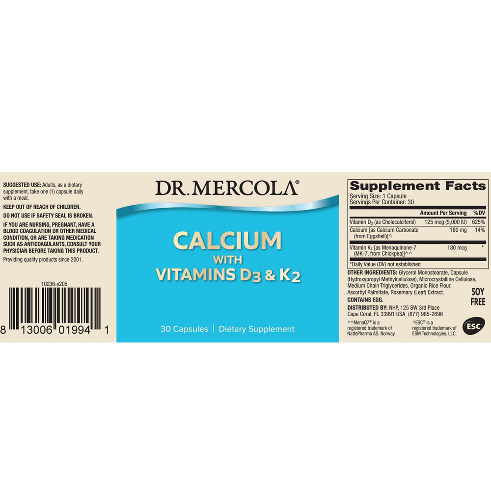 Calcium with Vitamins D3 and K2, 30 Capsules