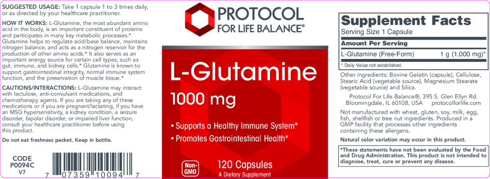 L-Glutamine 1000mg, 120 Capsules , Brand_Protocol for Life Balance capsules Form_Capsules Requires Consultation Size_120 Capsules