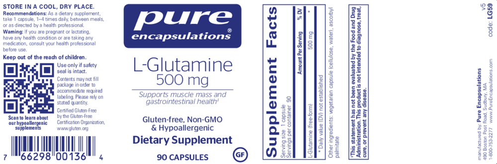 L-Glutamine, 500 mg, 90 Capsules , Brand_Pure Encapsulations caps