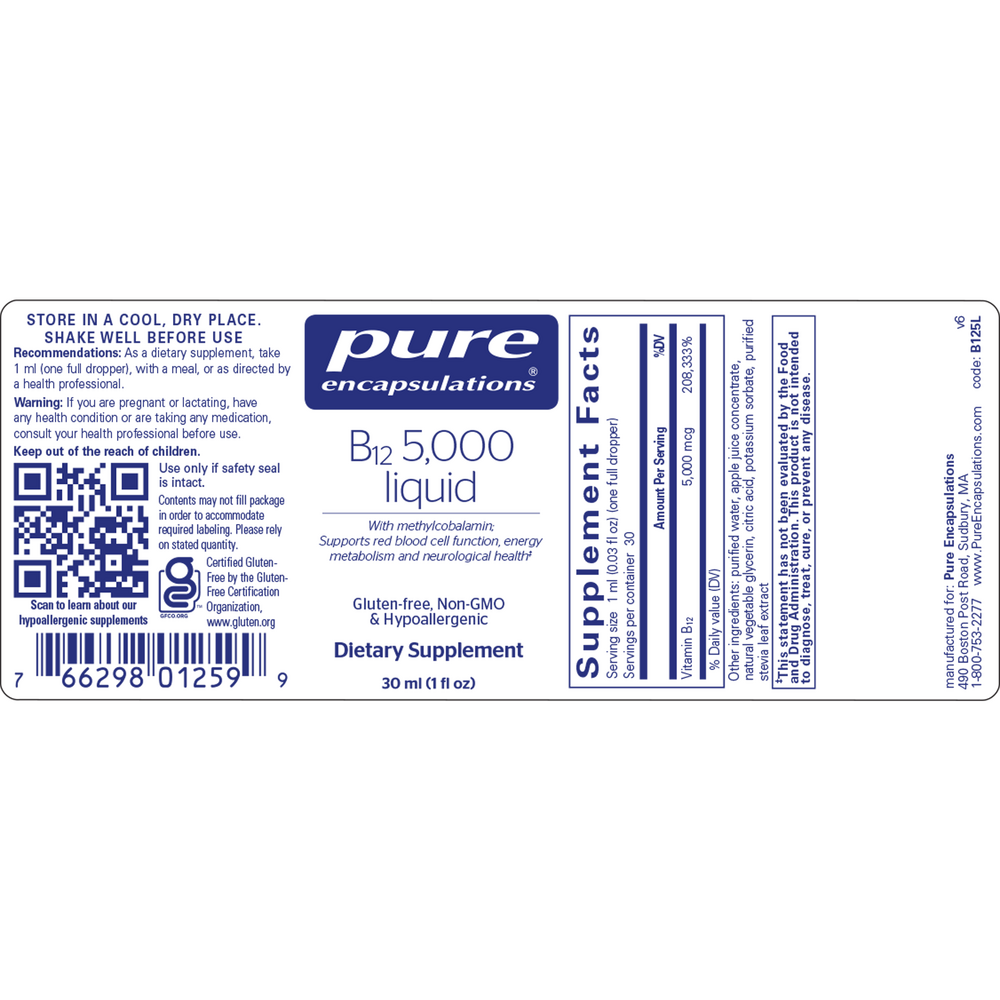 B12 5000 Liquid, 30 Milliliters , Brand_Pure Encapsulations Form_Liquid Requires Consultation Size_30 Milliliters
