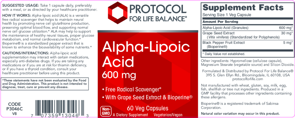 Alpha Lipoic Acid 600mg, 60 Capsules , Brand_Protocol for Life Balance capsules Form_Capsules Requires Consultation Size_60 Capsules