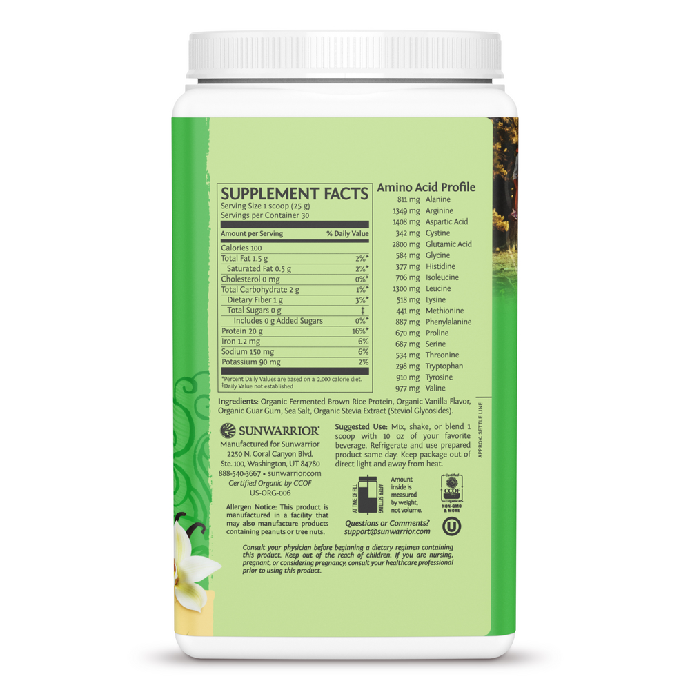 Organic Plant-Based Classic Protein, 20 g of Protein per Serving from 5 Sprouted & Fermented Protein Sources, Vanilla Flavor, 1.65 Lb (750 g) Powder , Brand_Sunwarrior Flavor_Vanilla Form_Powder Potency_20 g Size_750 g