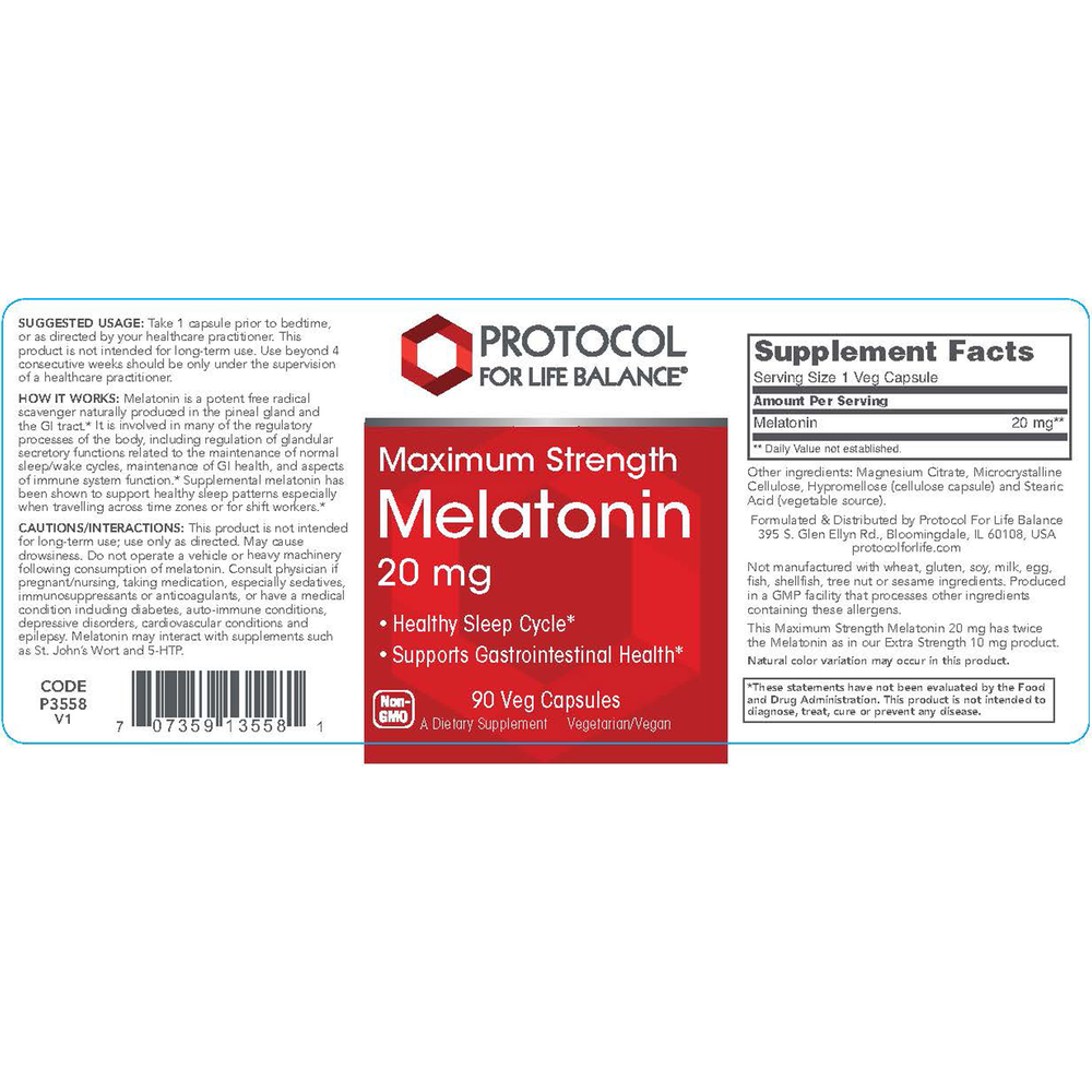 Melatonin Maximum Strength 20 mg, 90 Capsules , Brand_Protocol for Life Balance capsules Form_Capsules Requires Consultation Size_90 Capsules