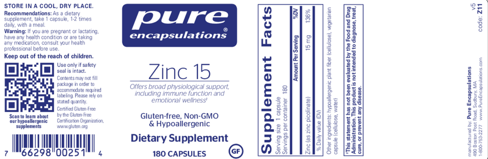 Zinc 15, 180 Capsules , Brand_Pure Encapsulations Form_Capsules Requires Consultation Size_180 Capsules