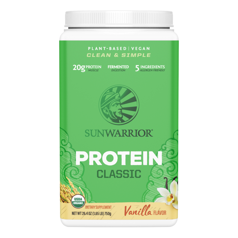 Organic Plant-Based Classic Protein, 20 g of Protein per Serving from 5 Sprouted & Fermented Protein Sources, Vanilla Flavor, 1.65 Lb (750 g) Powder , Brand_Sunwarrior Flavor_Vanilla Form_Powder Potency_20 g Size_750 g