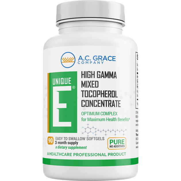 A.C. Grace UNIQUE E Mixed Tocopherols Concentrate 90 softgels - front of bottle
